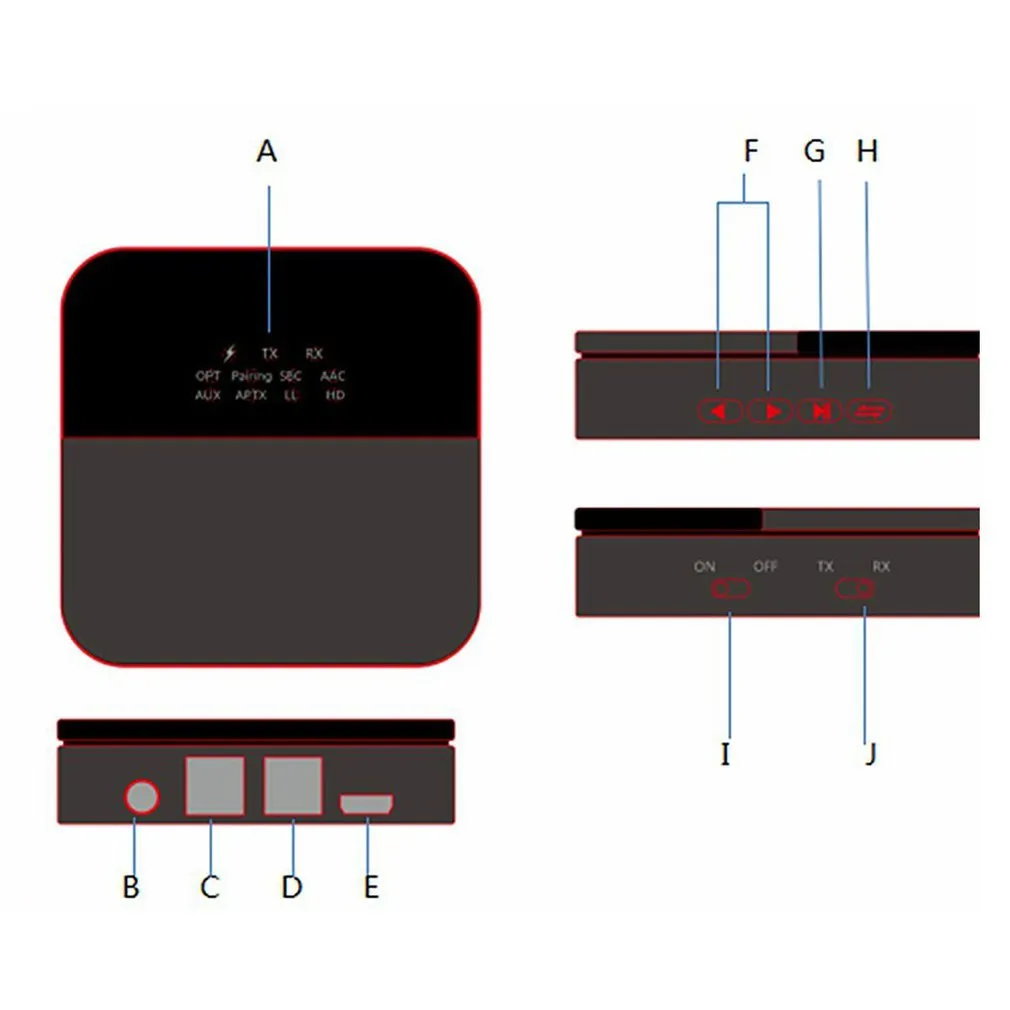 CSR8675 Bluetooth 5.0 adapter receiver in black with Micro USB charging port and AUX input