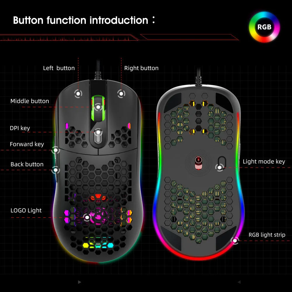 Black wired gaming mouse with heat dissipation holes and RGB glow on a desk