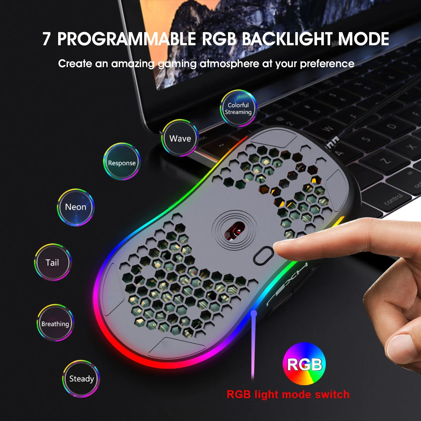 Black wired gaming mouse with heat dissipation holes and RGB glow on a desk