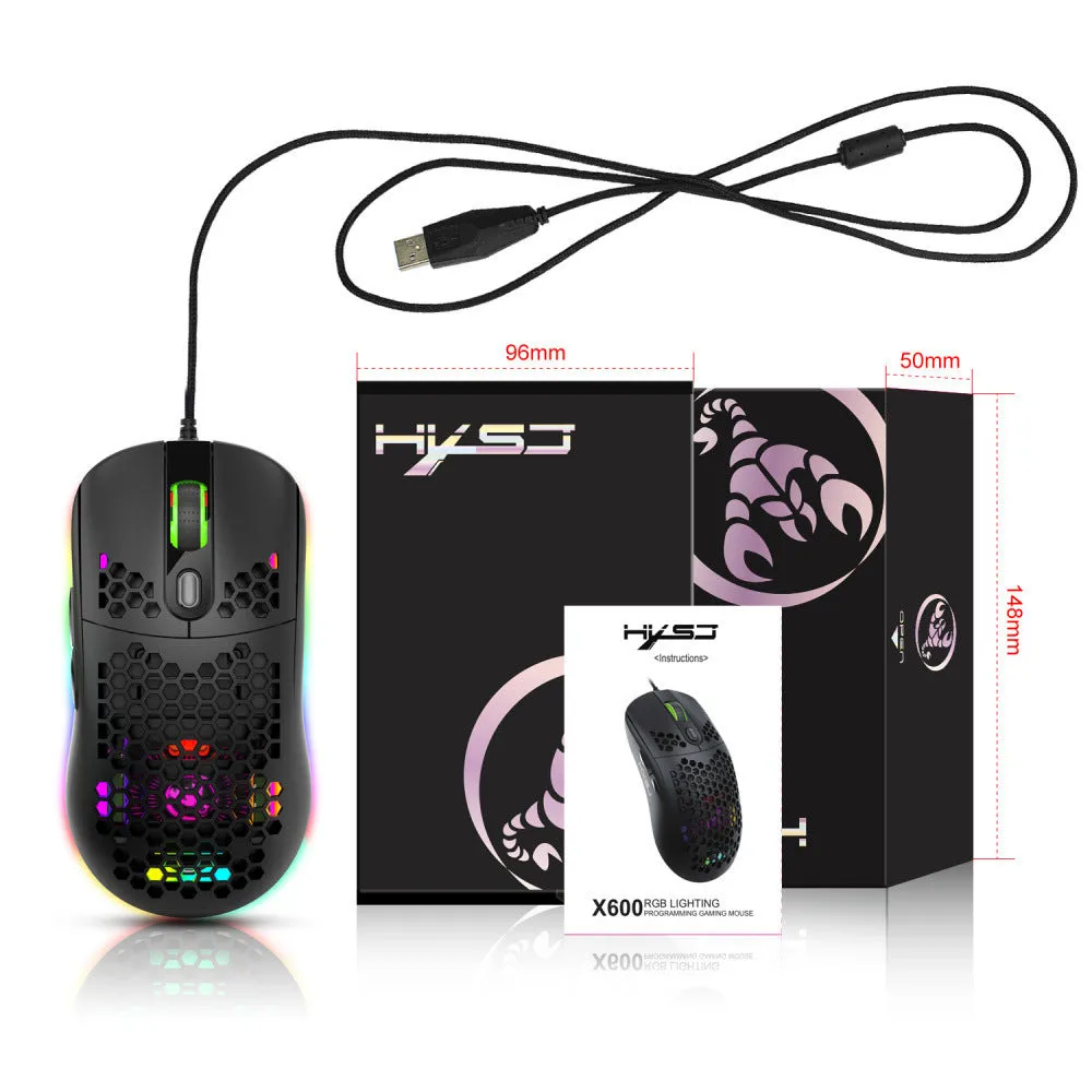Black wired gaming mouse with heat dissipation holes and RGB glow on a desk