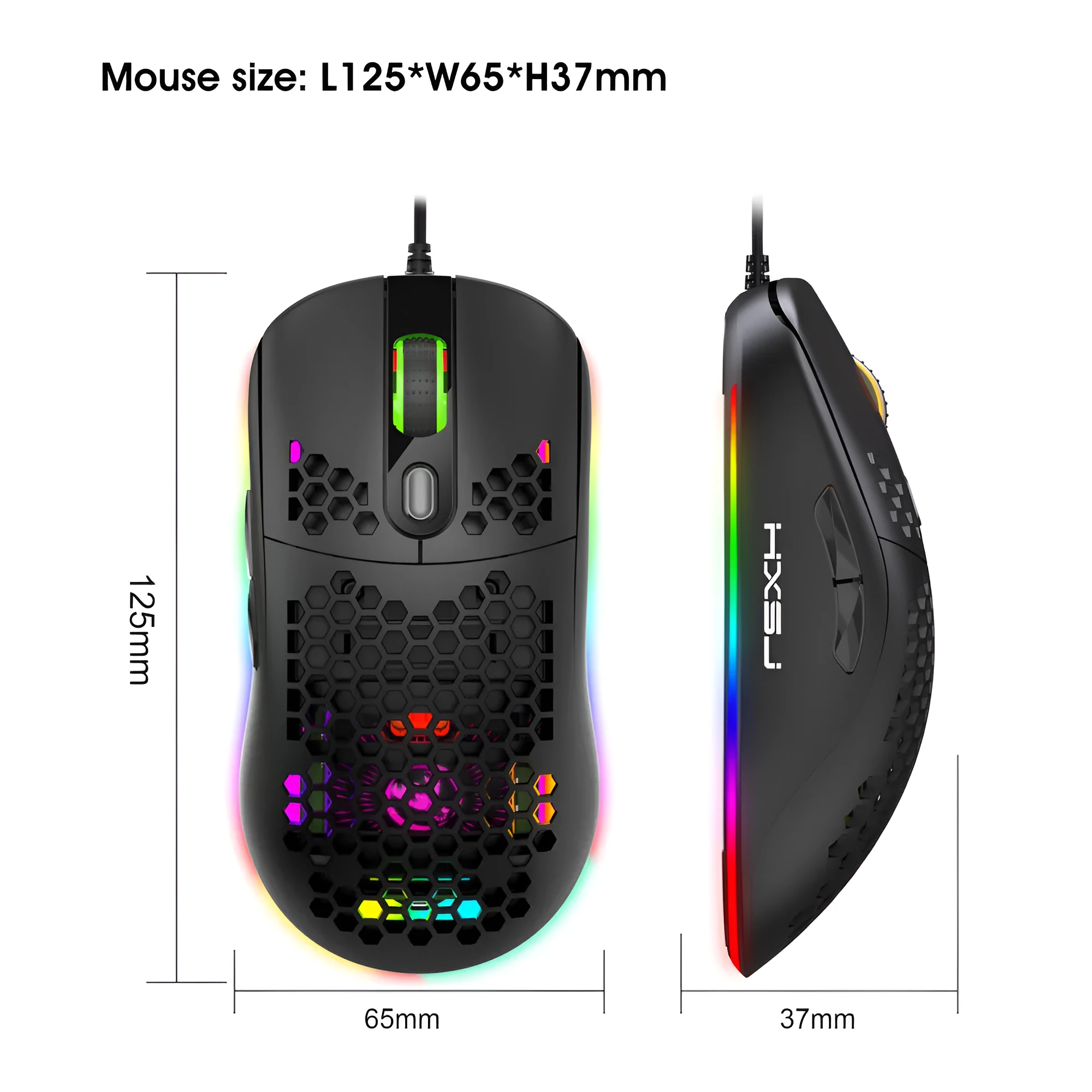 Black wired gaming mouse with heat dissipation holes and RGB glow on a desk