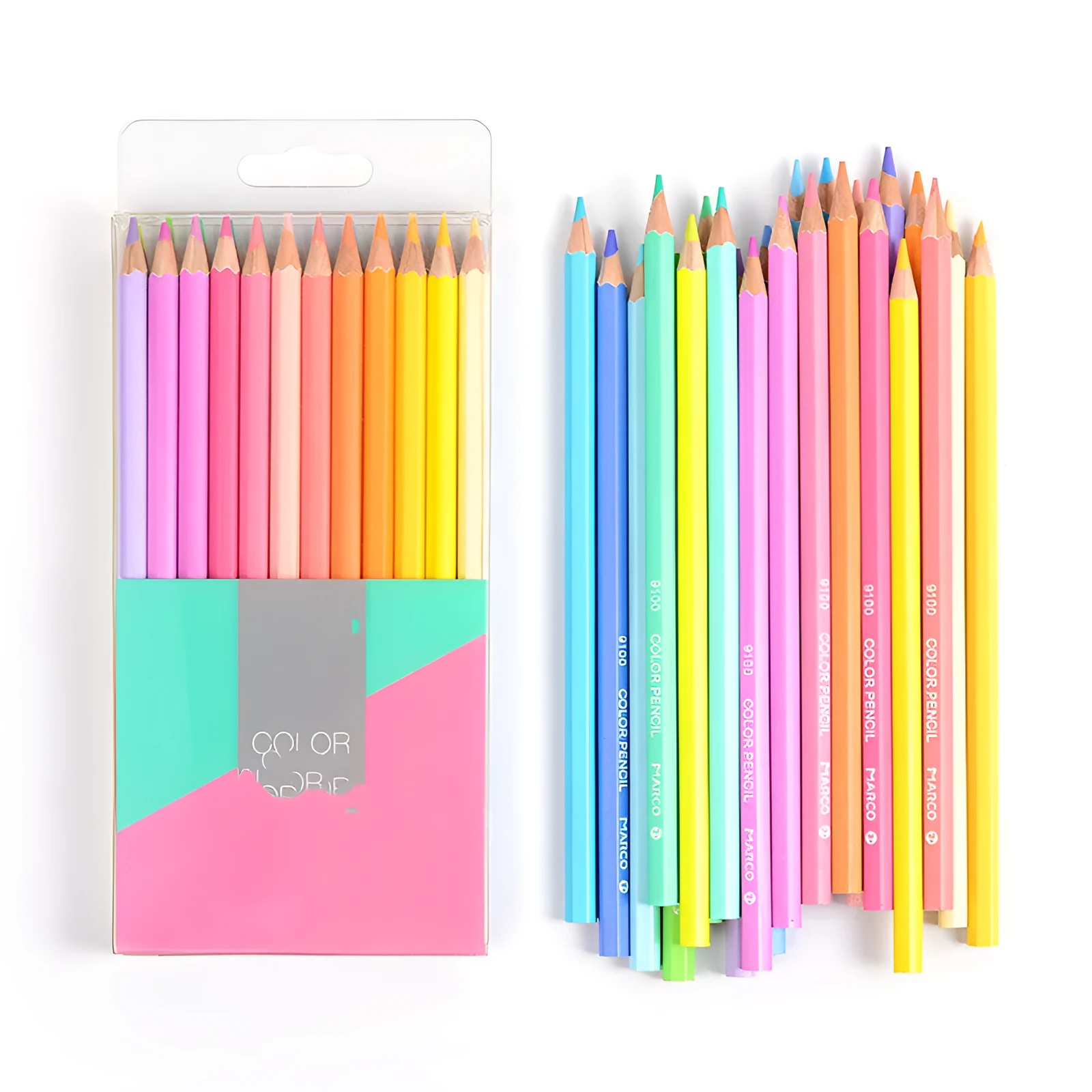 Macaron Series coloured pencils in 12 colours with plastic shell, Marco 9100, 2B lead grade