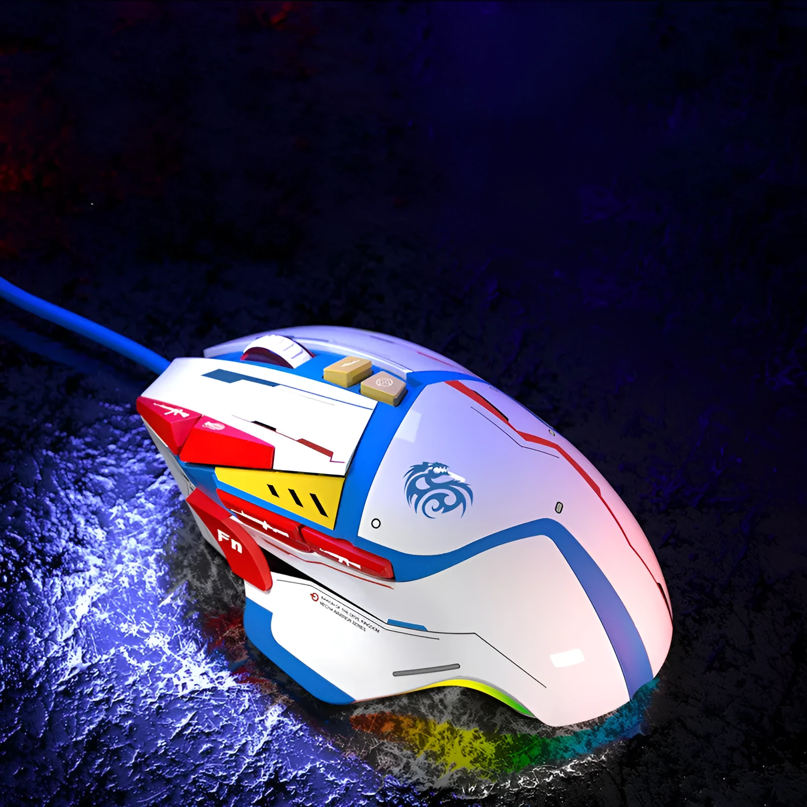 Desktop wired ergonomic laser gaming mouse in Primordial Ghost Claw colour, 126x83x41mm, six DPI settings