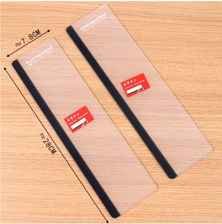 Clear acrylic computer monitor side pane 28cm x 7.8cm with sticky notes attached