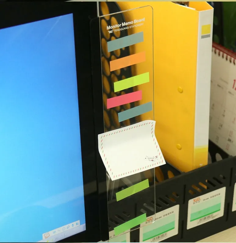 Clear acrylic computer monitor side pane 28cm x 7.8cm with sticky notes attached