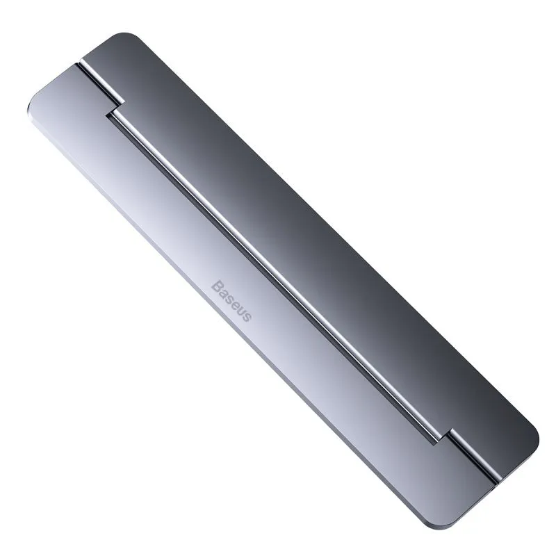 Invisible paste foldable computer stand in grey aluminum alloy, 227mm long, 3mm thick, folded flat on desk