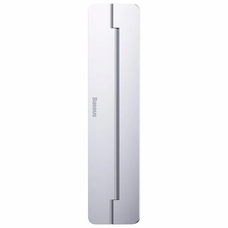 Invisible paste foldable computer stand in grey aluminum alloy, 227mm long, 3mm thick, folded flat on desk