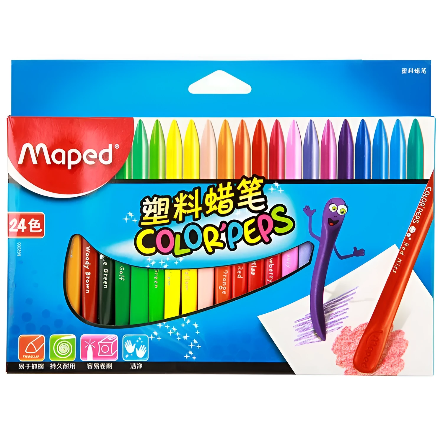 Carton pack of 24 plastic crayons in various colours, each 12.8cm long