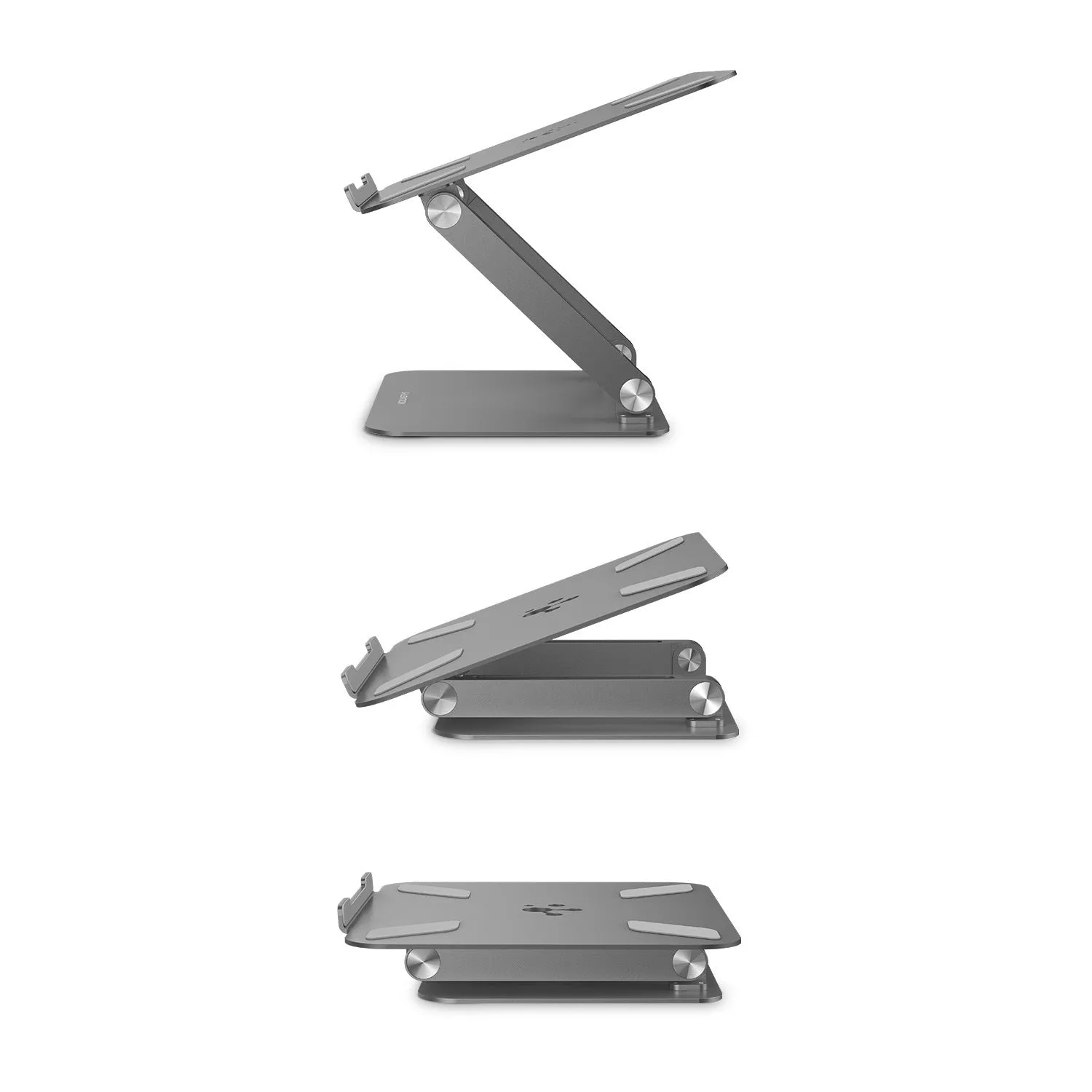 Aluminium alloy multi-angle notebook stand in space grey on a desk with a laptop