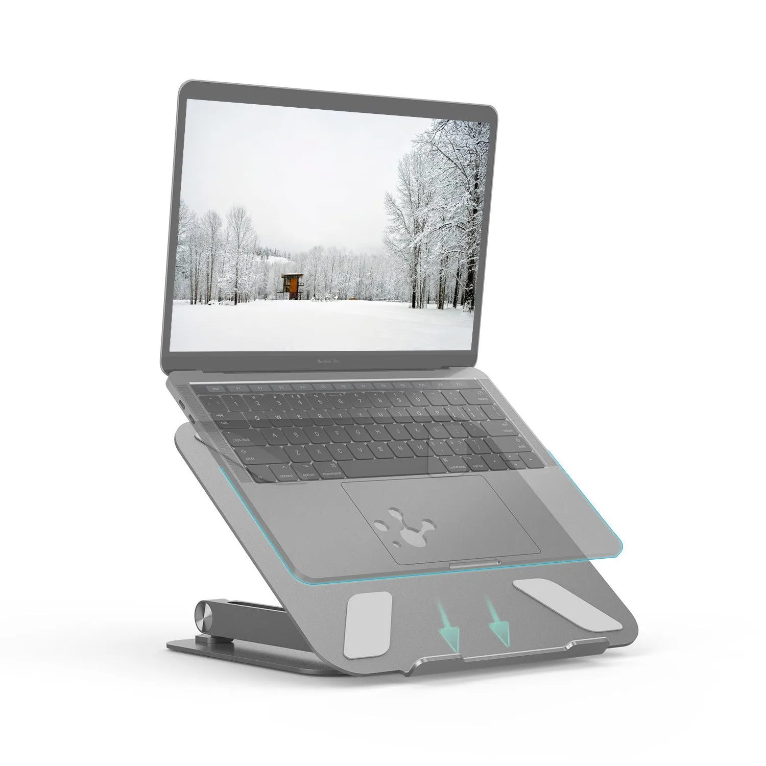 Aluminium alloy multi-angle notebook stand in space grey on a desk with a laptop