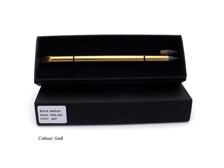 Inkless Metal Pen in silver finish with 0.5mm alloy nib, spare nib, pen bag and gift box on wooden desk