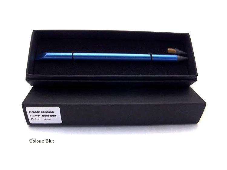 Inkless Metal Pen in silver finish with 0.5mm alloy nib, spare nib, pen bag and gift box on wooden desk