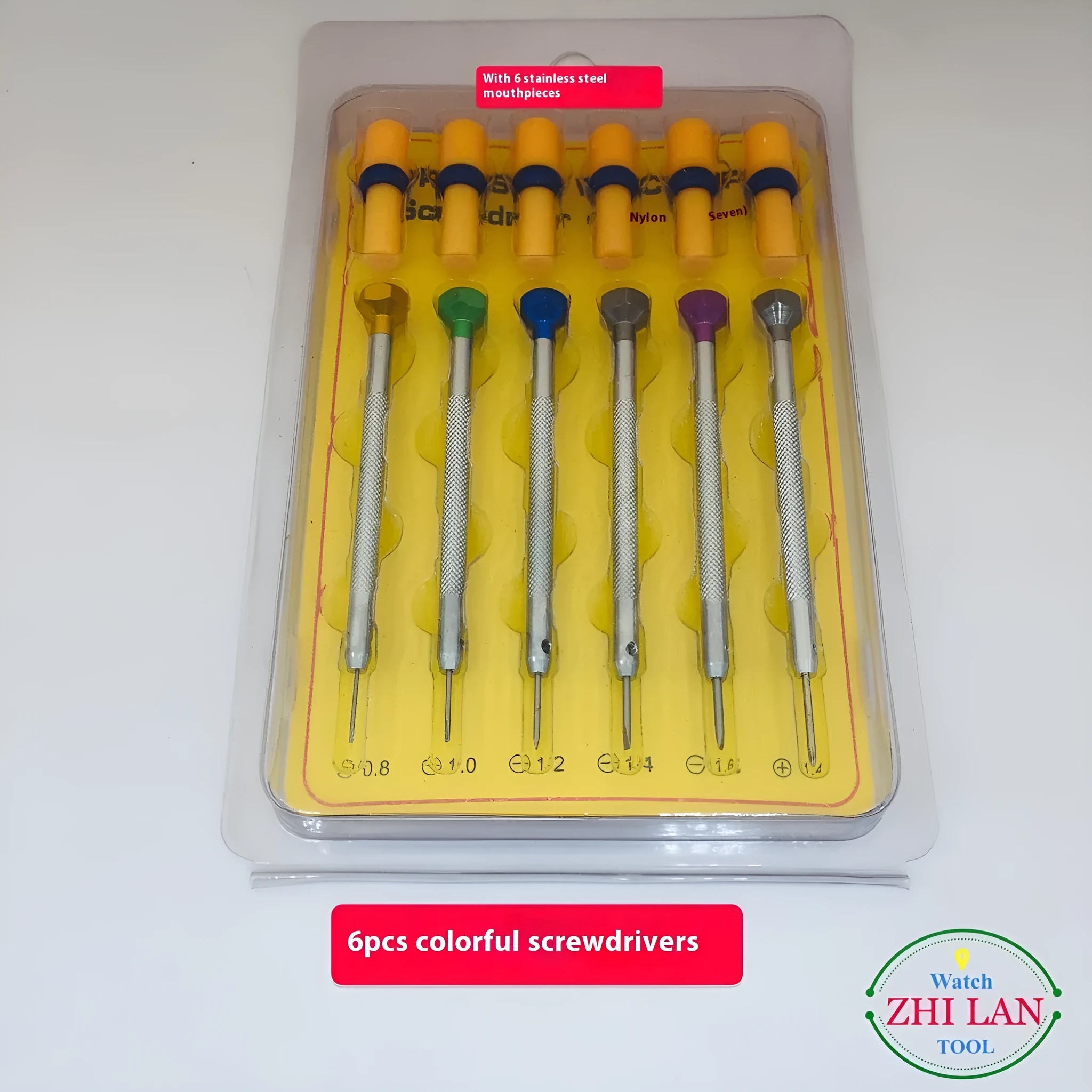 6-piece colour-coded watch repair screwdriver set with aluminium handles and spring steel cutter heads