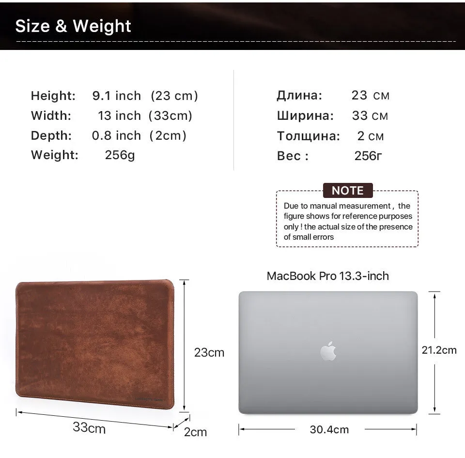 Brown Crazy Horse leather laptop bag for MacBook Pro 13.3 inch horizontal style