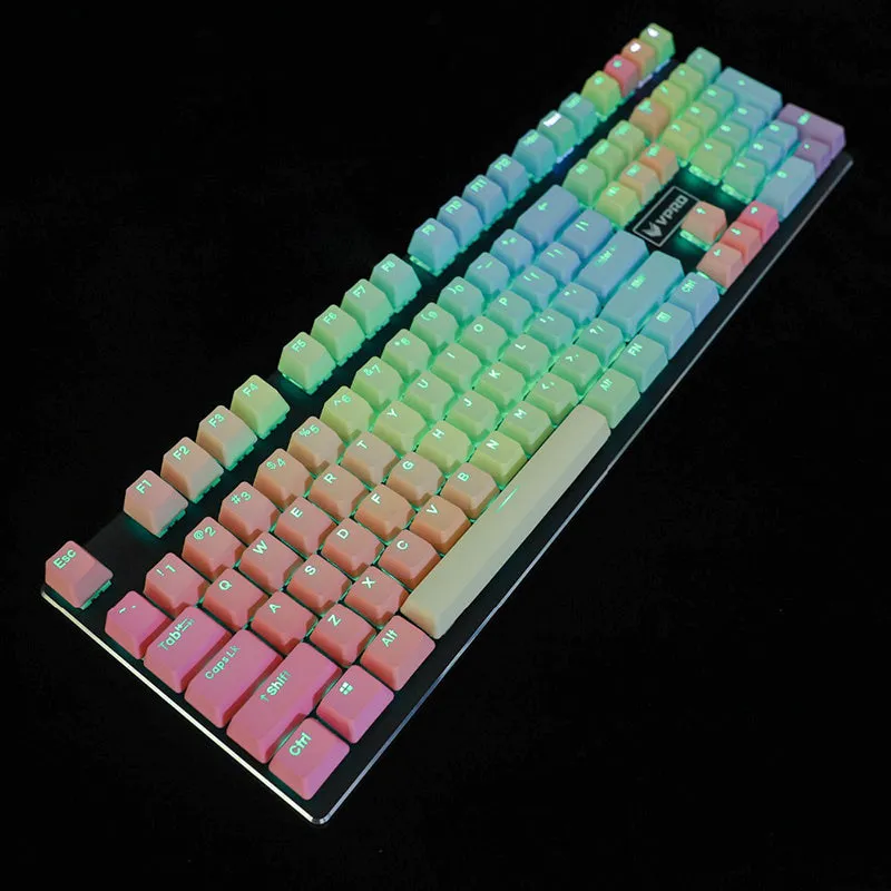 109-key PBT double-shot dip-dye keycap set with OEM profile, positive engraving, six colour styles including rainbow gradient and blue enchantress