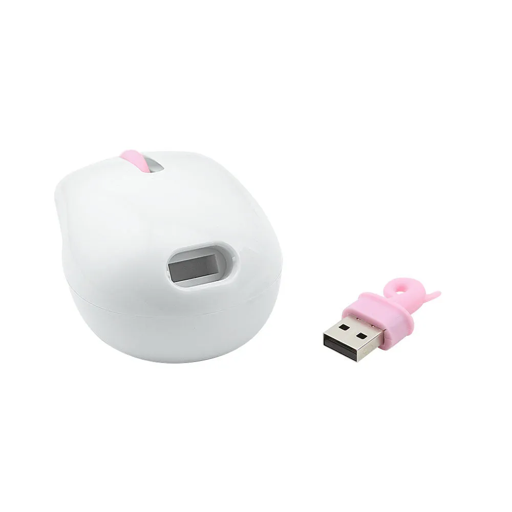 Pink wireless silent mouse with compact design and USB receiver for laptop use