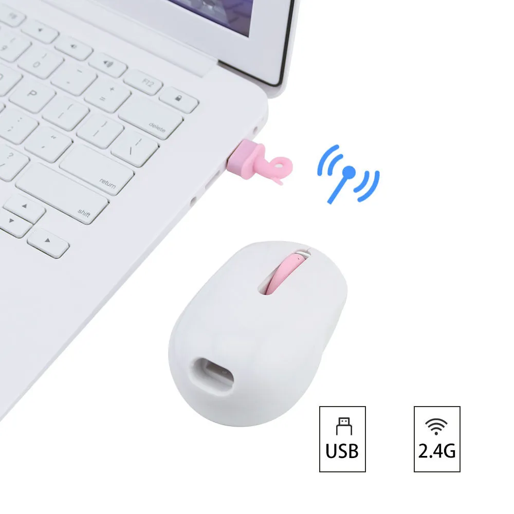 Pink wireless silent mouse with compact design and USB receiver for laptop use
