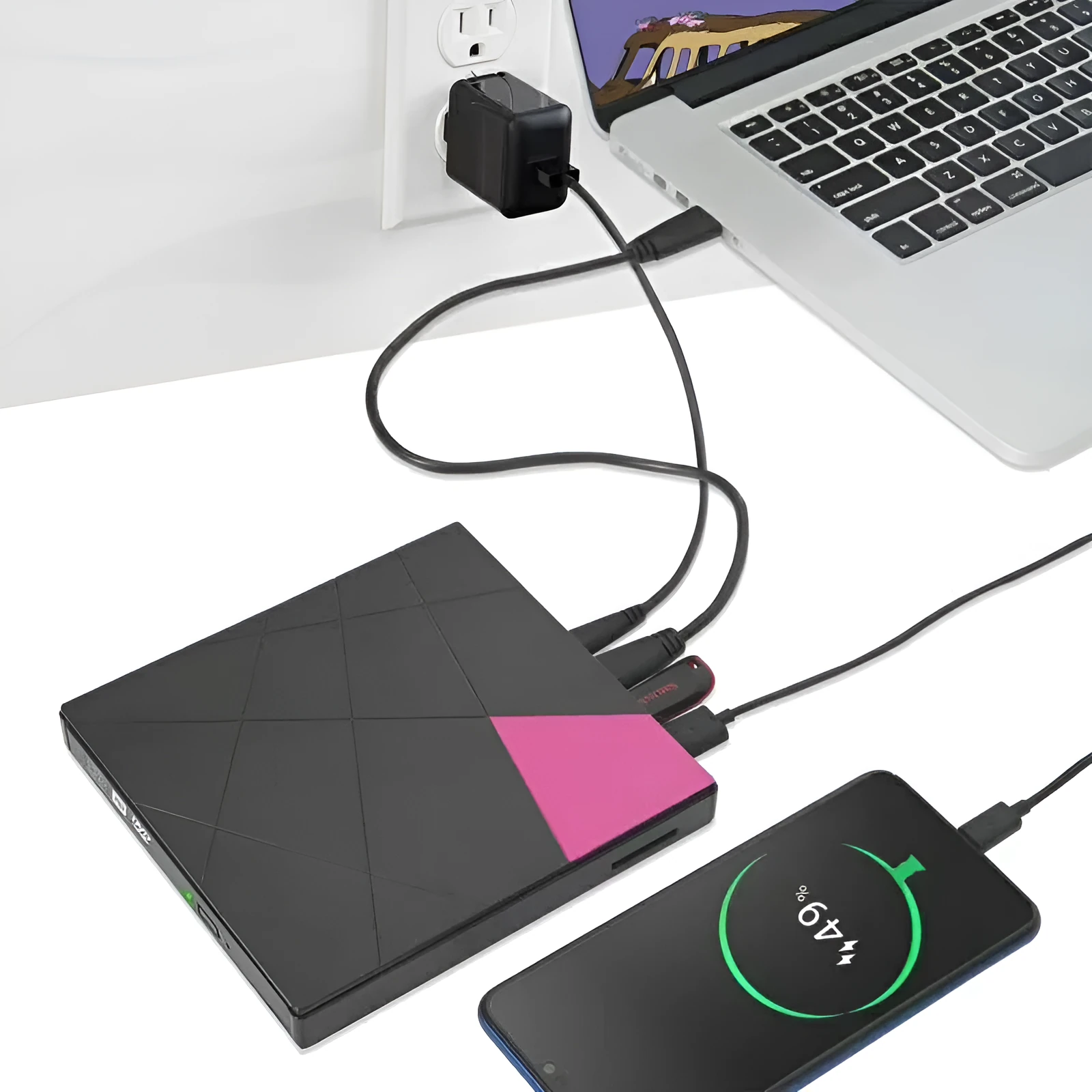 USB external DVD burner with card reader, 24X speed, rose gold finish, compact 152x142x20mm size on white background