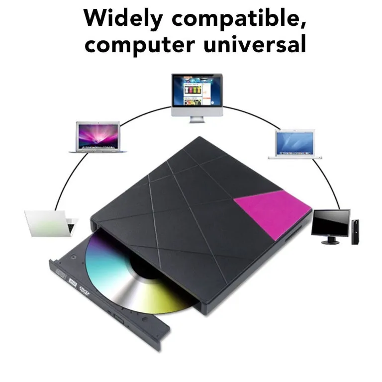 USB external DVD burner with card reader, 24X speed, rose gold finish, compact 152x142x20mm size on white background