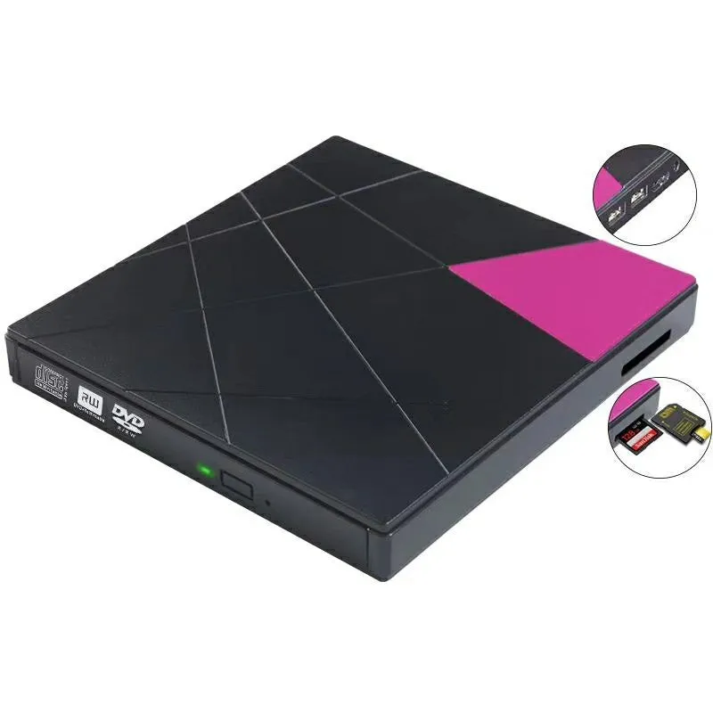 USB external DVD burner with card reader, 24X speed, rose gold finish, compact 152x142x20mm size on white background