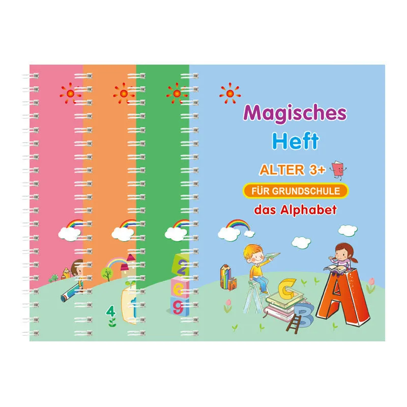 Children's Groove English Calligraphy Practice Board with Magic Stickers Copy Control Pen Training Book for Handwriting Improvement White Cardboard French German Option 4-Book Set Length 19cm