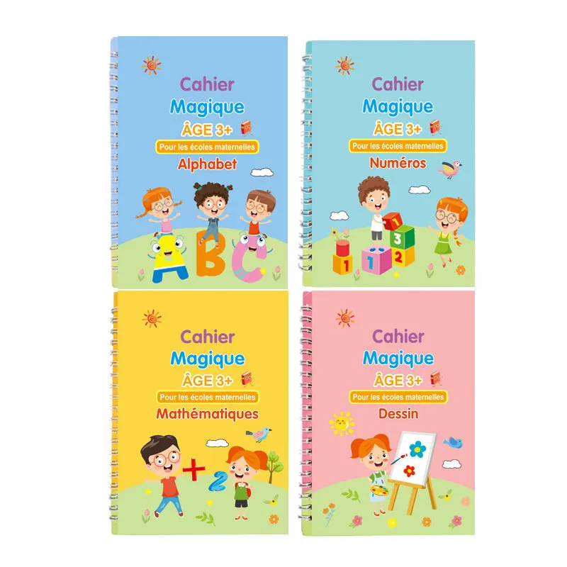 Children's Groove English Calligraphy Practice Board with Magic Stickers Copy Control Pen Training Book for Handwriting Improvement White Cardboard French German Option 4-Book Set Length 19cm