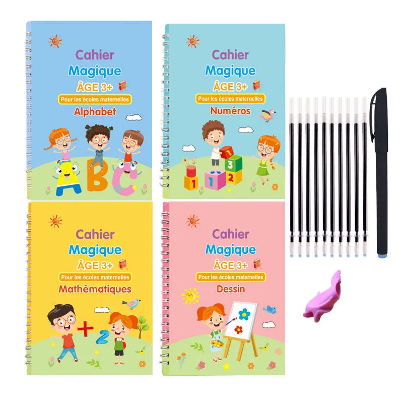 Children's Groove English Calligraphy Practice Board with Magic Stickers Copy Control Pen Training Book for Handwriting Improvement White Cardboard French German Option 4-Book Set Length 19cm