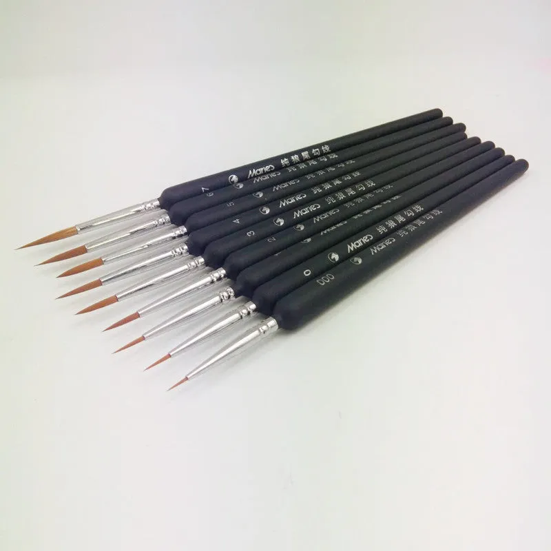 10pcs black wolf hao hook liner paintbrush set sizes 000 to No. 7 with wooden handles