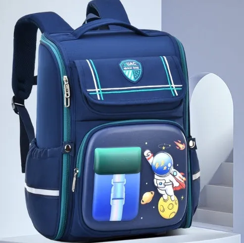 Children's cartoon backpack with airpillow straps in Spaceman Blue or Rabbit patterns for school spine protection