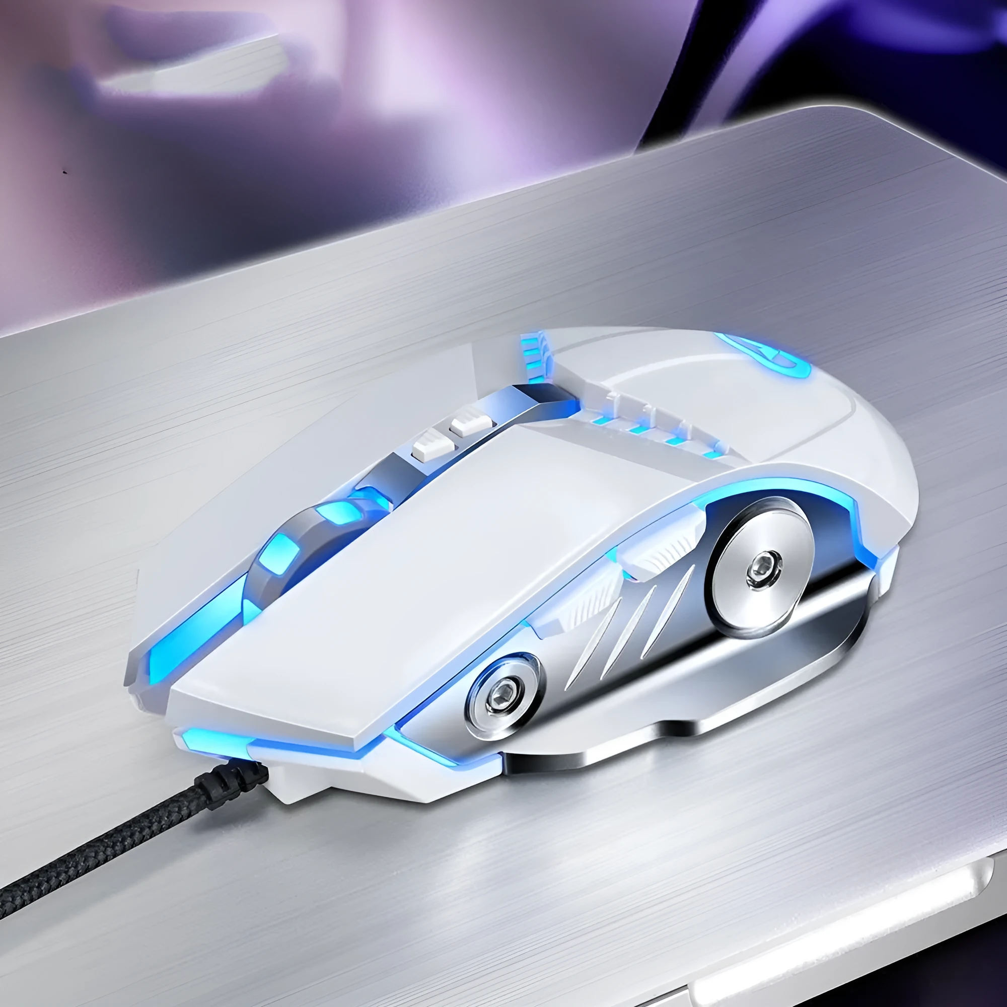 Silent USB optical gaming mouse with black rubber grip and touch roller on a desk