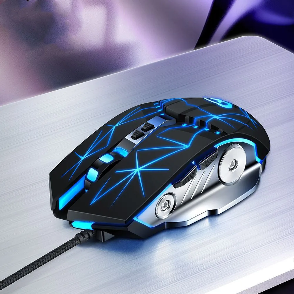 Silent USB optical gaming mouse with black rubber grip and touch roller on a desk