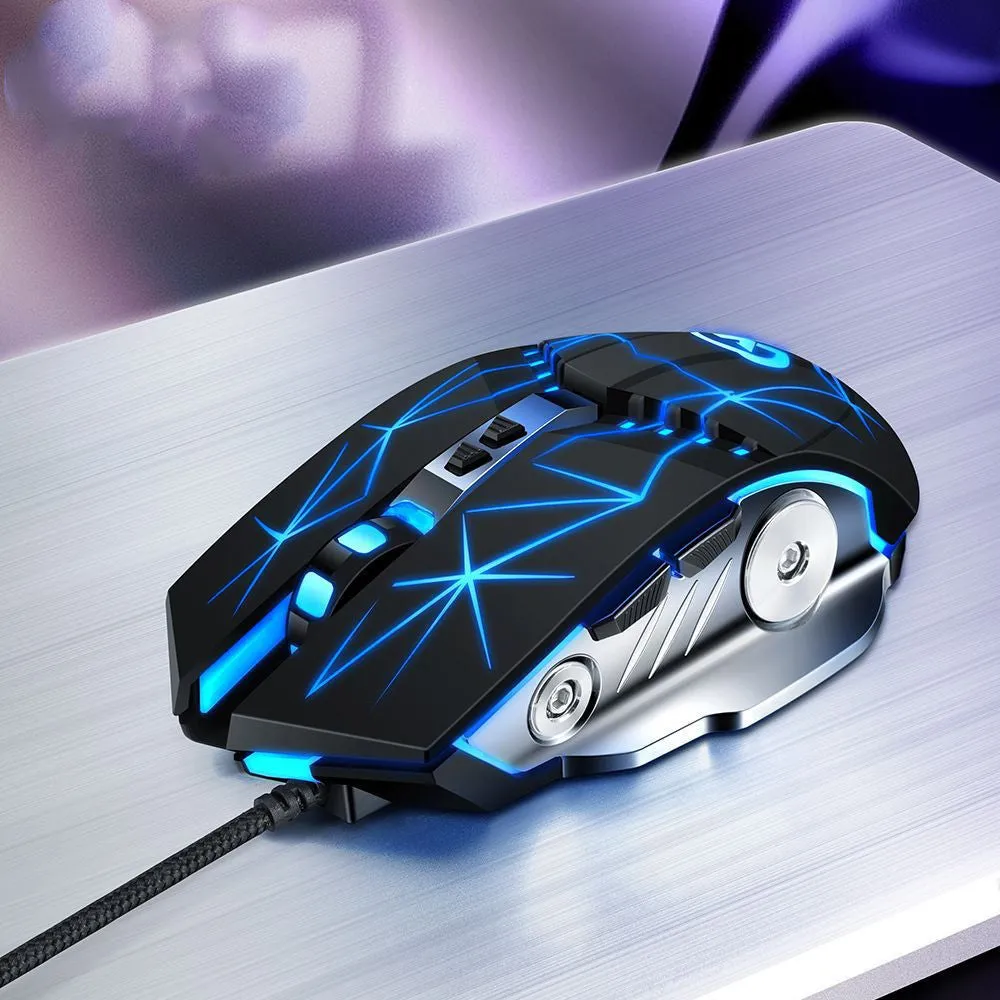 Silent USB optical gaming mouse with black rubber grip and touch roller on a desk