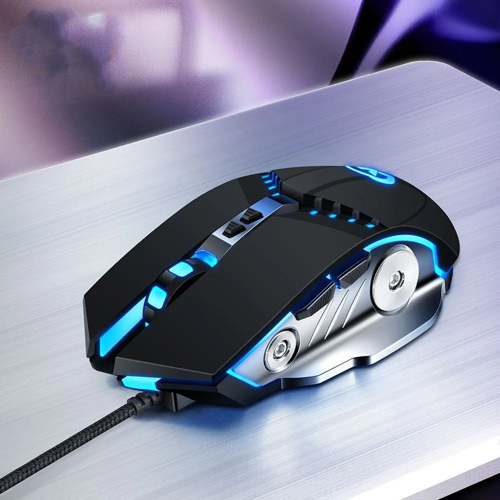 Silent USB optical gaming mouse with black rubber grip and touch roller on a desk