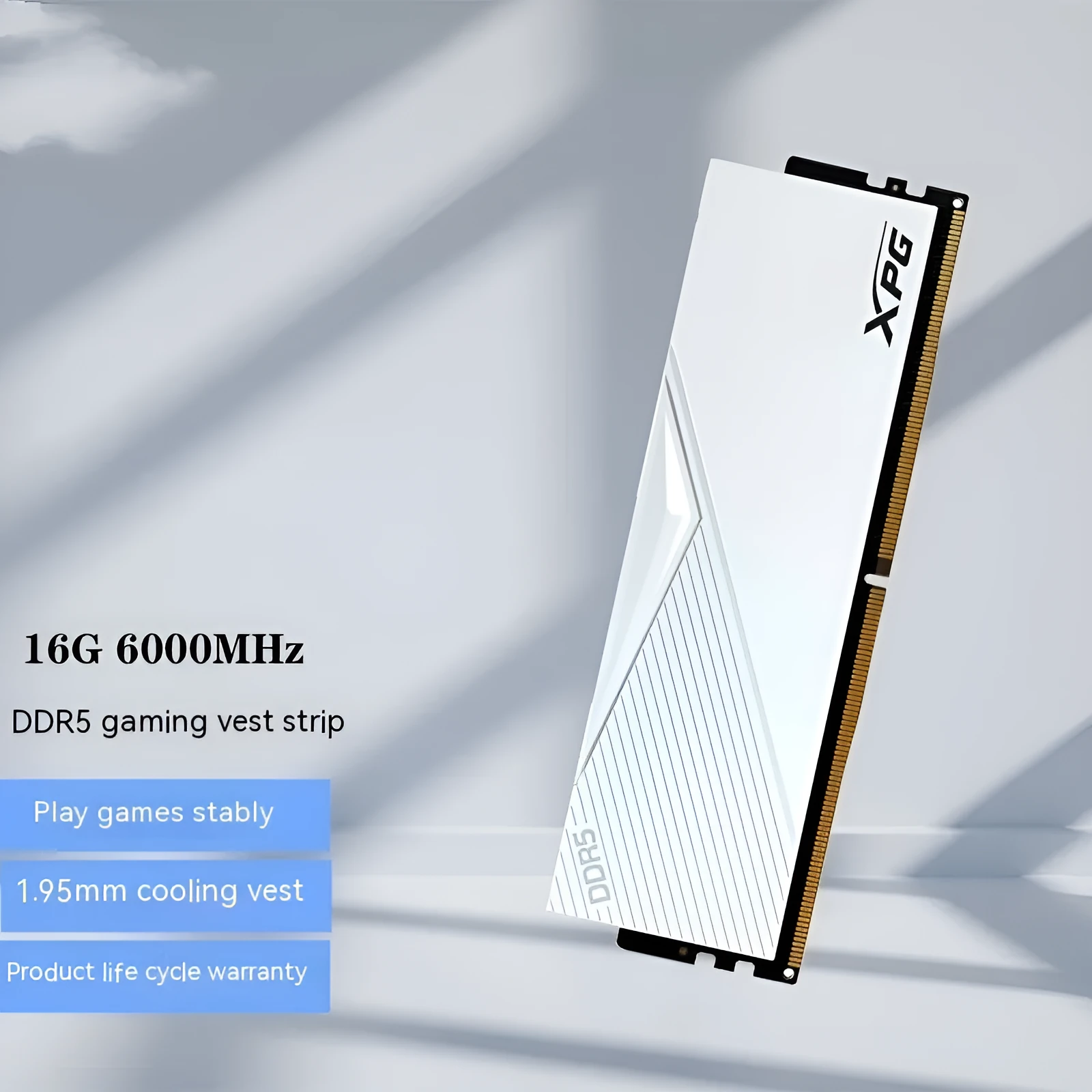 White single DDR5 desktop gaming memory module with 16G or 32G capacity and 6000 or 6400MHz speed options
