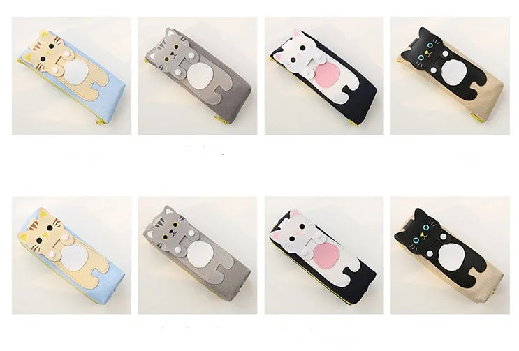 Canvas pencil case with cat cartoon design, large zipper opening, square shape, available in blue beige gray black