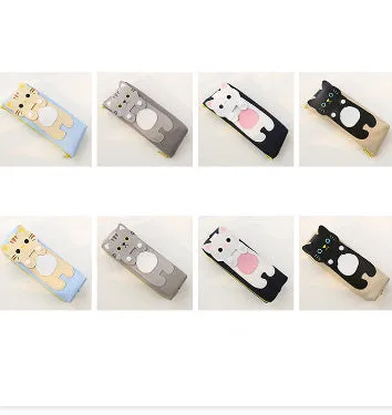 Canvas pencil case with cat cartoon design, large zipper opening, square shape, available in blue beige gray black