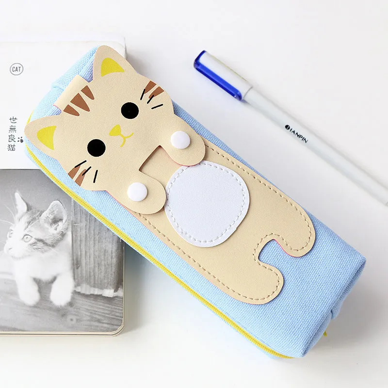 Canvas pencil case with cat cartoon design, large zipper opening, square shape, available in blue beige gray black