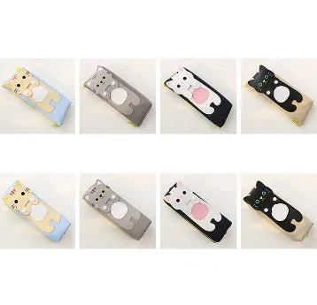 Canvas pencil case with cat cartoon design, large zipper opening, square shape, available in blue beige gray black
