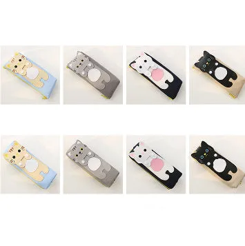 Canvas pencil case with cat cartoon design, large zipper opening, square shape, available in blue beige gray black