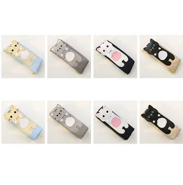 Canvas pencil case with cat cartoon design, large zipper opening, square shape, available in blue beige gray black