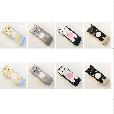 Canvas pencil case with cat cartoon design, large zipper opening, square shape, available in blue beige gray black