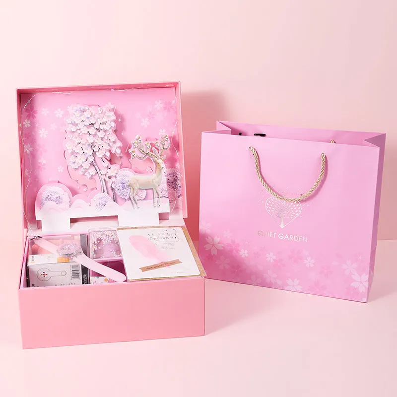 Student stationery set gift box with three-dimensional paper design, Blue and Pink colour options, featuring Lucky Reindeer and Pegasus Starry Sky themes