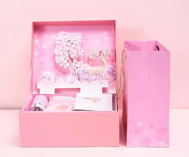 Student stationery set gift box with three-dimensional paper design, Blue and Pink colour options, featuring Lucky Reindeer and Pegasus Starry Sky themes
