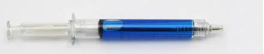 Syringe ballpoint pen in blue colour option with push mechanism and plastic body