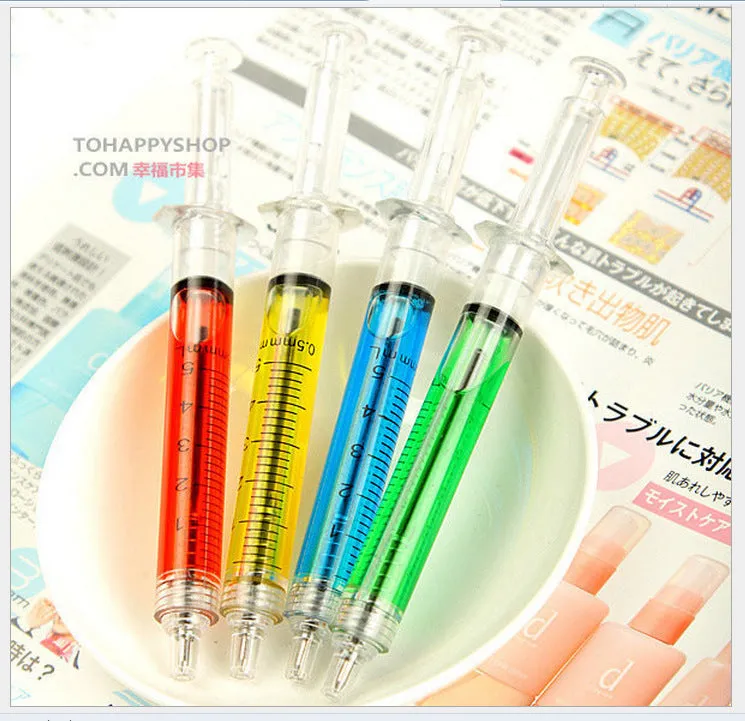 Syringe ballpoint pen in blue colour option with push mechanism and plastic body