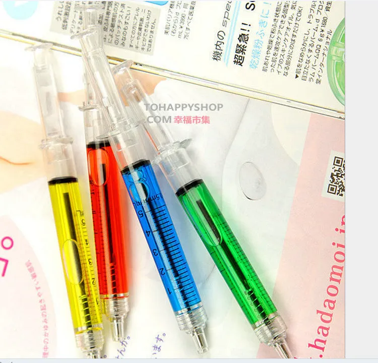 Syringe ballpoint pen in blue colour option with push mechanism and plastic body