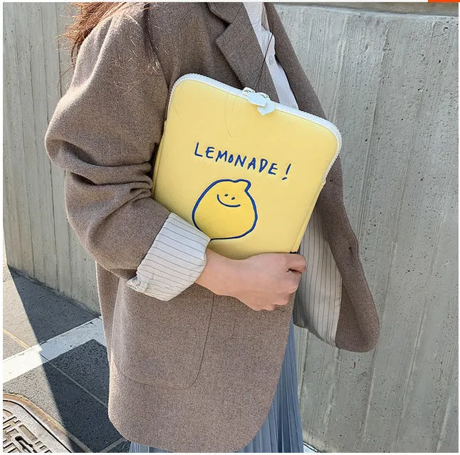 Korean ins niche design lemon embroidery letters polyester tablet laptop storage bag 11 inch