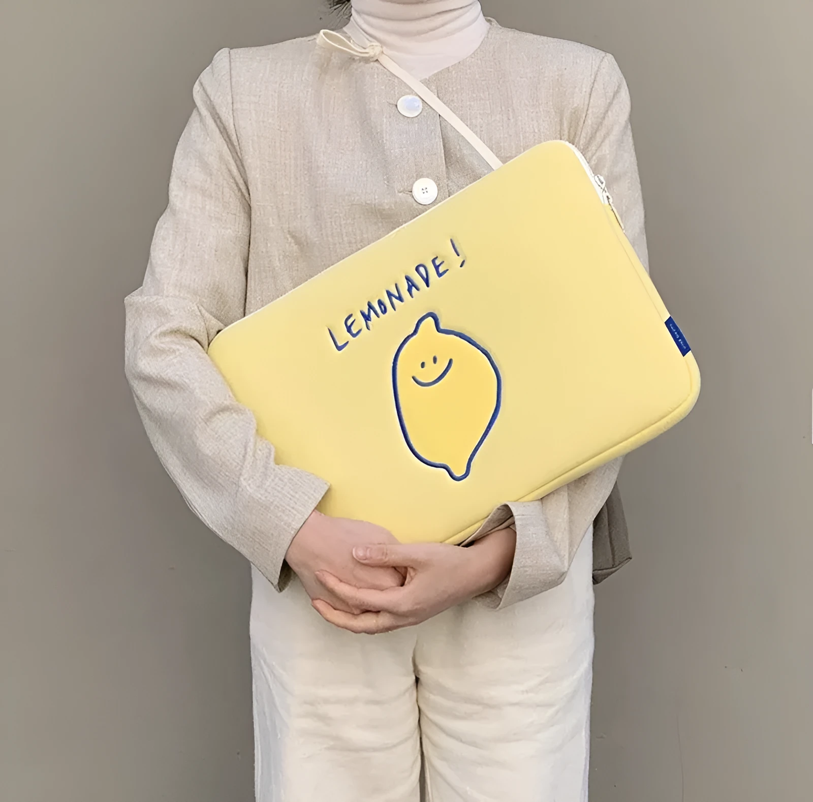 Korean ins niche design lemon embroidery letters polyester tablet laptop storage bag 11 inch