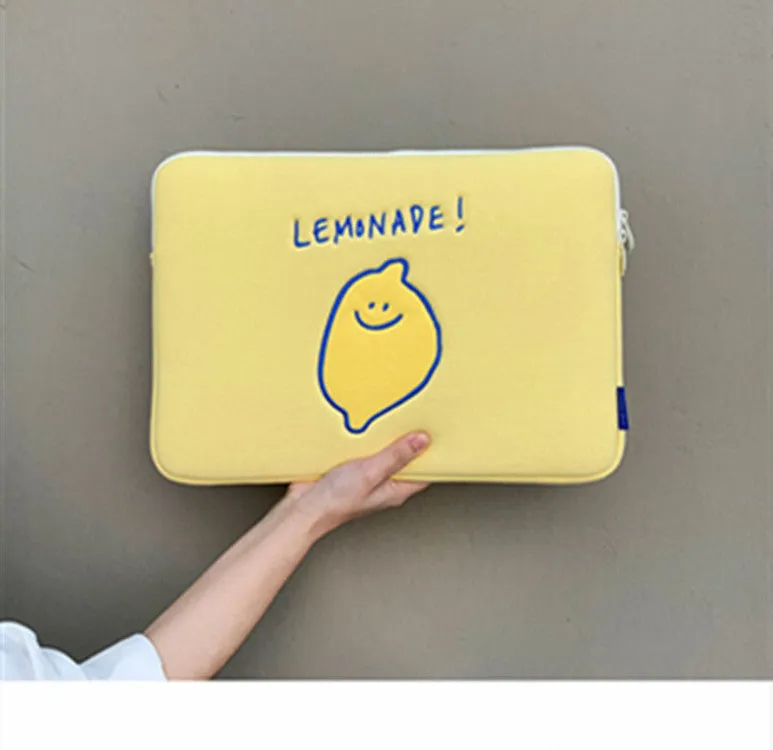 Korean ins niche design lemon embroidery letters polyester tablet laptop storage bag 11 inch