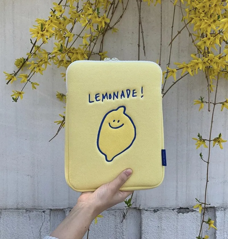 Korean ins niche design lemon embroidery letters polyester tablet laptop storage bag 11 inch